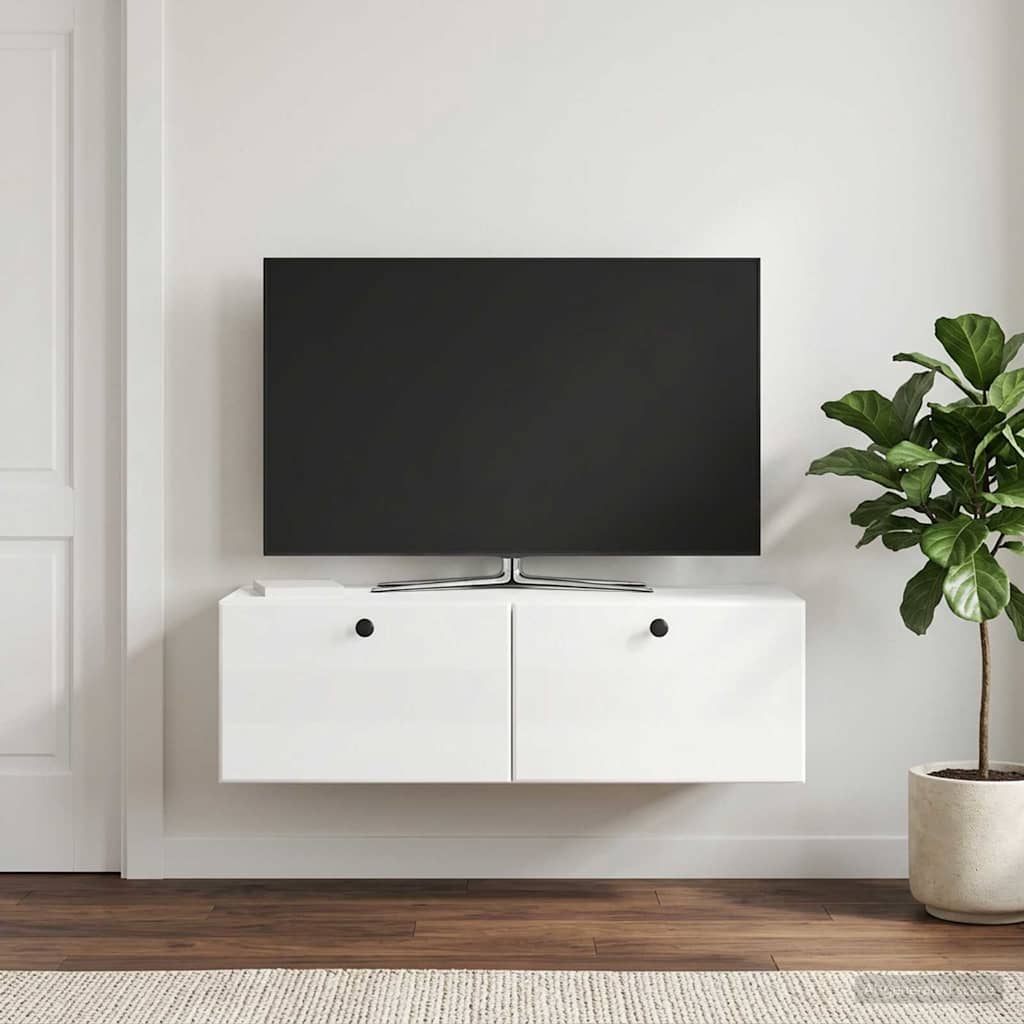 Wandbeugel TV-kast Hoogglans Wit 98 x 41 x 30 cm Bewerkt hout is nu te koop bij PeponiXL, paradijselijk wonen!