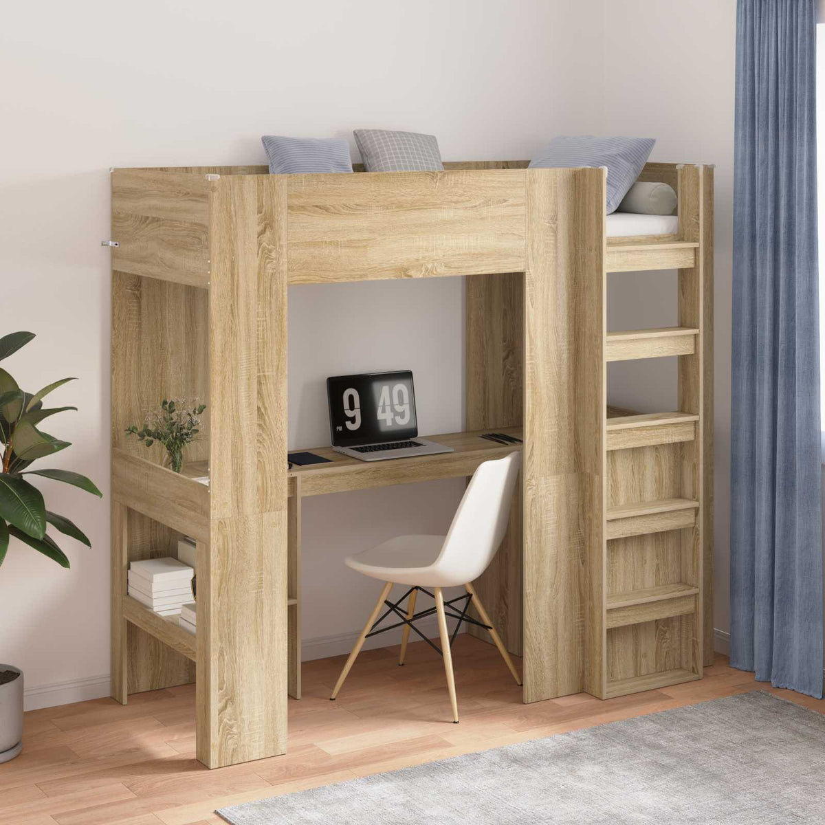 Loft Bedframe met Bureau Sonoma Eiken 75 x 190 cm Bewerkt hout is nu te koop bij PeponiXL, paradijselijk wonen!
