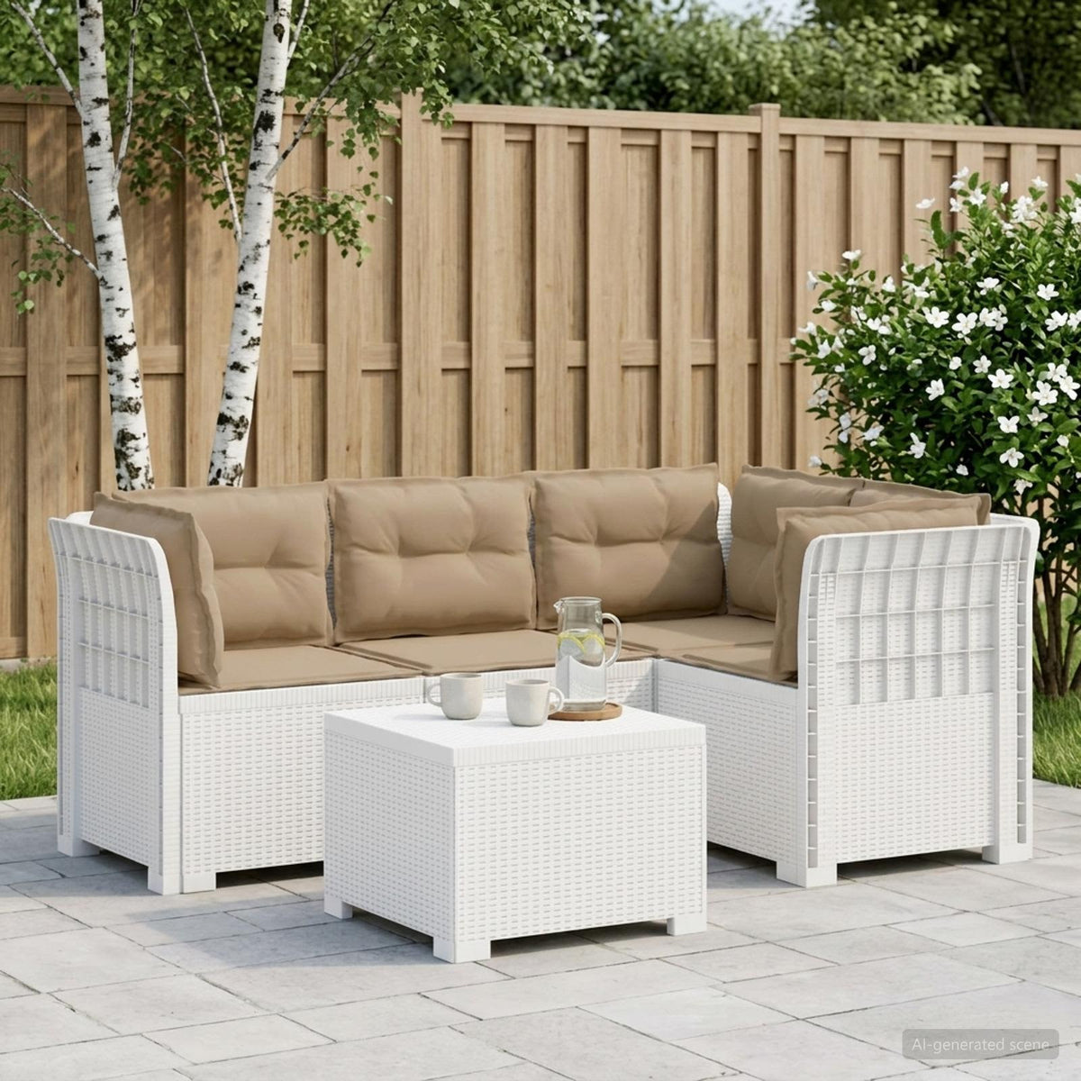 4-Persoons Tuinbank met Kussens Rieten Look PP Wit is nu te koop bij PeponiXL, paradijselijk wonen!