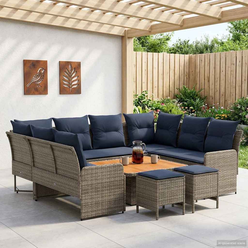 Meubelsets met kussen 8 pcs Grijs en Marineblauw PE Rattan is nu te koop bij PeponiXL, paradijselijk wonen!