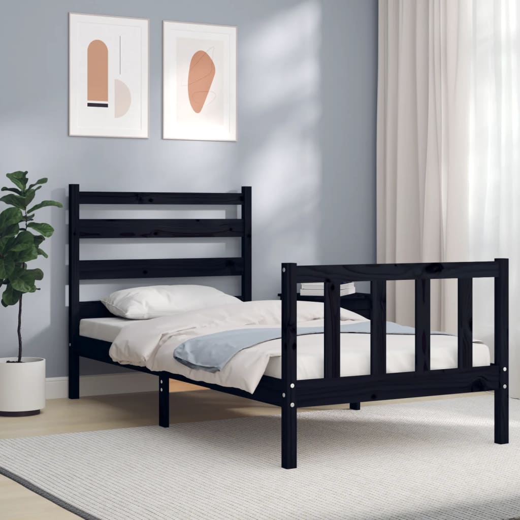 Bedframe met hoofdbord massief hout zwart is nu te koop bij PeponiXL, paradijselijk wonen!