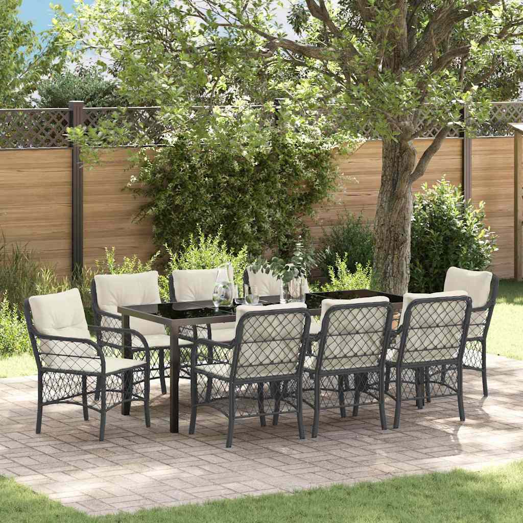 Tuin eettafelset met kussen 9 pcs Zwart poly rattan is nu te koop bij PeponiXL, paradijselijk wonen!