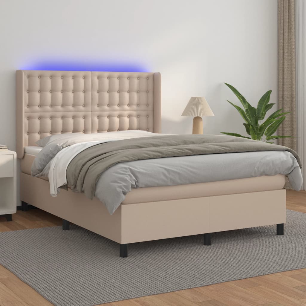 Boxspring met matras en LED kunstleer cappuccinokleur 140x190cm is nu te koop bij PeponiXL, paradijselijk wonen!