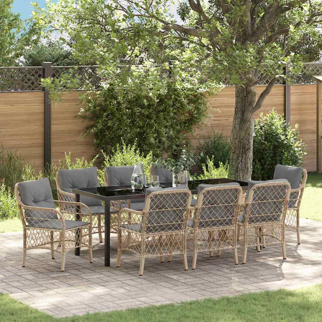 Tuin eettafelset met kussen 9 pcs Beige poly rattan is nu te koop bij PeponiXL, paradijselijk wonen!