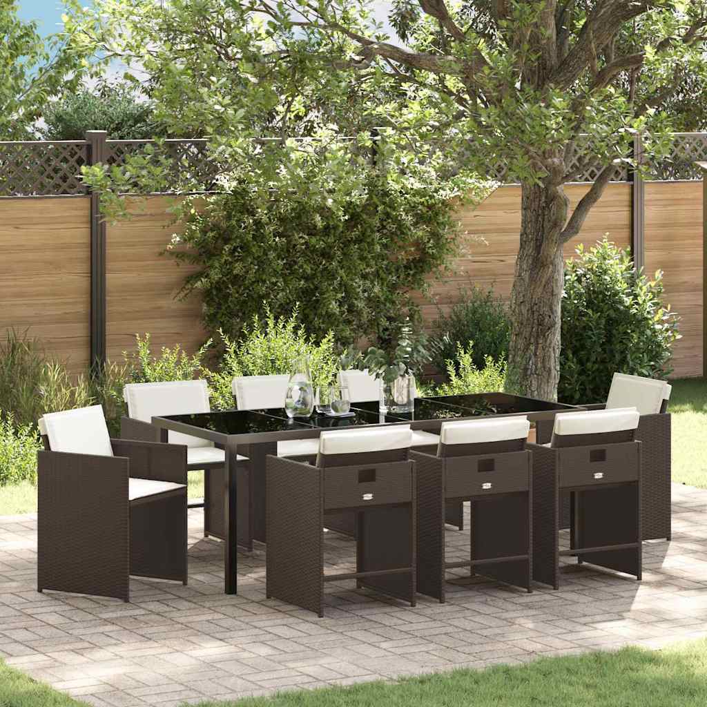 Tuin eettafelset met kussen 9 pcs Bruin poly rattan is nu te koop bij PeponiXL, paradijselijk wonen!