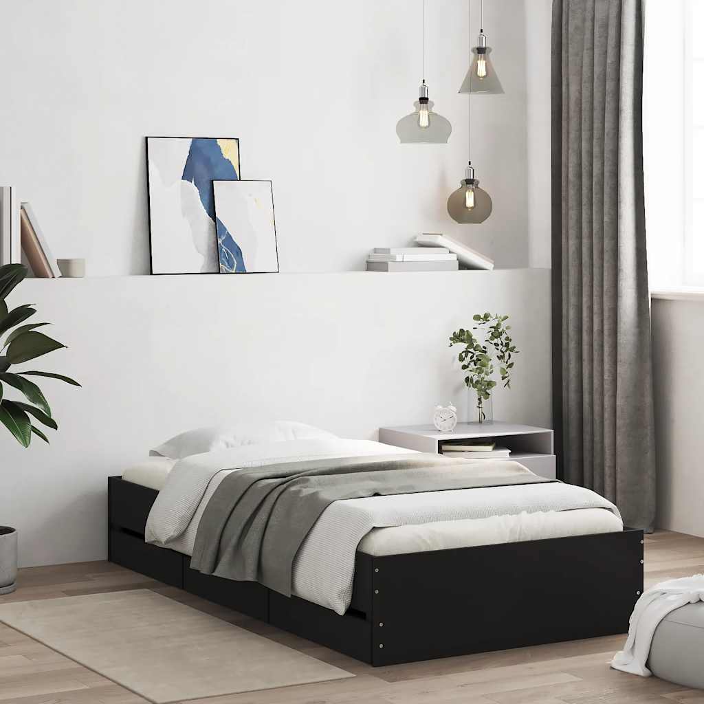 Bedframe met lades bewerkt hout zwart 90x190 cm is nu te koop bij PeponiXL, paradijselijk wonen!