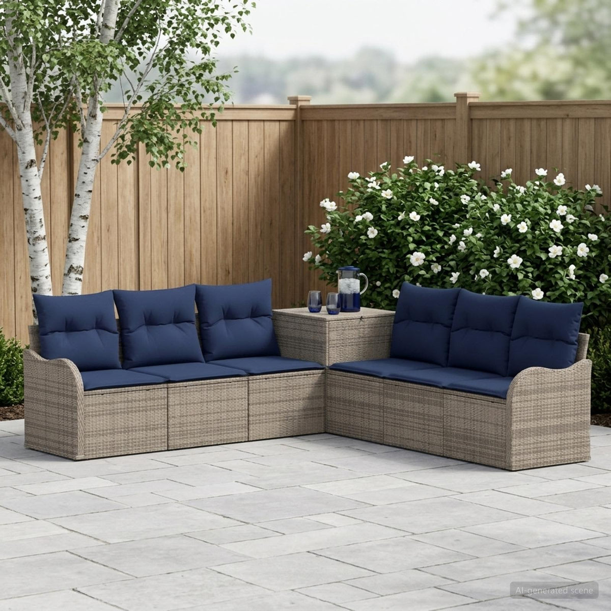 Bankstel 7 st Grijs en Marineblauw Poly Rattan en Staal is nu te koop bij PeponiXL, paradijselijk wonen!