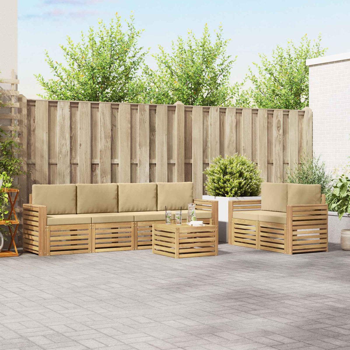 Buiten bankenset met kussen 7 pcs Wit en Beige Polyester is nu te koop bij PeponiXL, paradijselijk wonen!