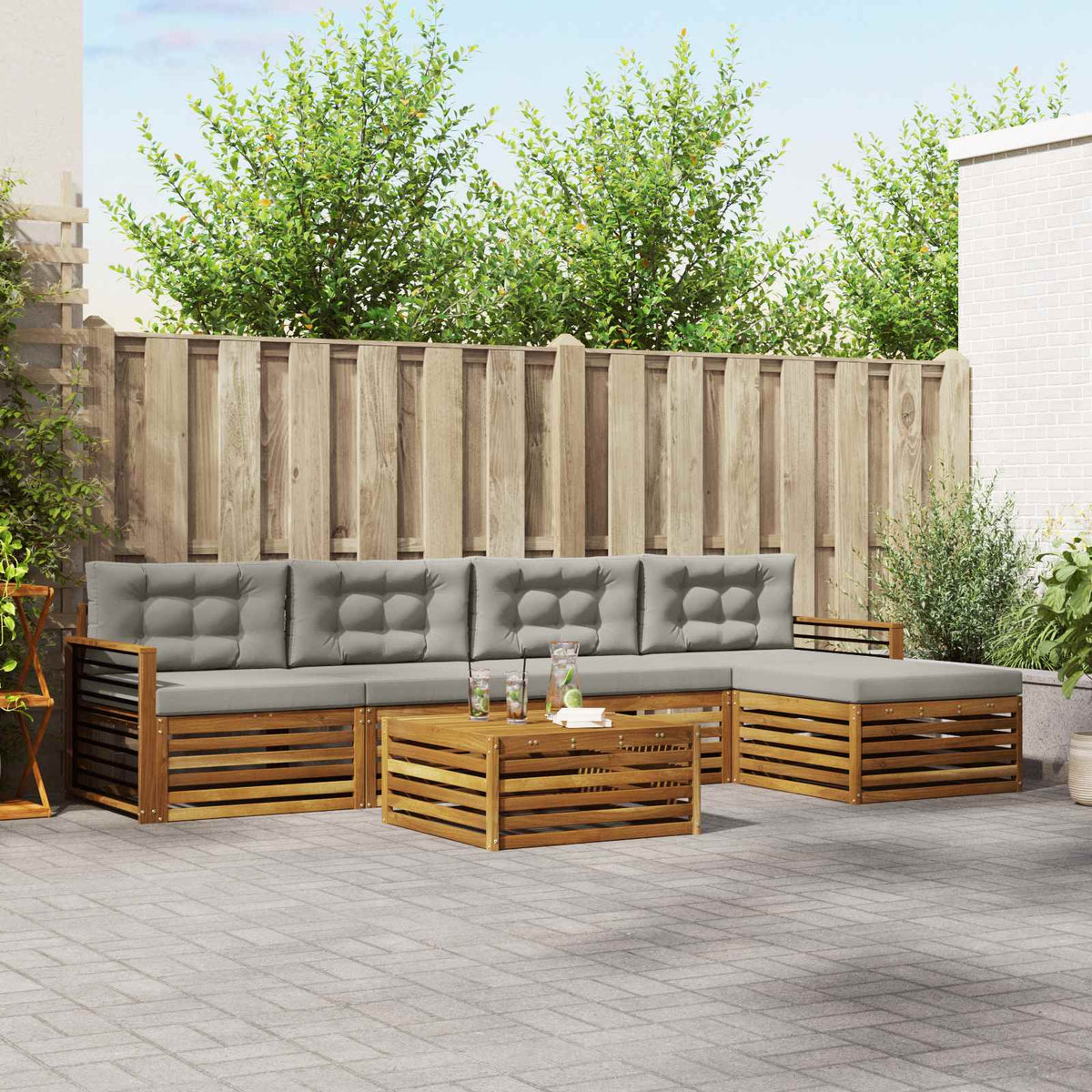 Buiten bankenset met kussen 6 pcs Natuurlijk en Lichtgrijs is nu te koop bij PeponiXL, paradijselijk wonen!