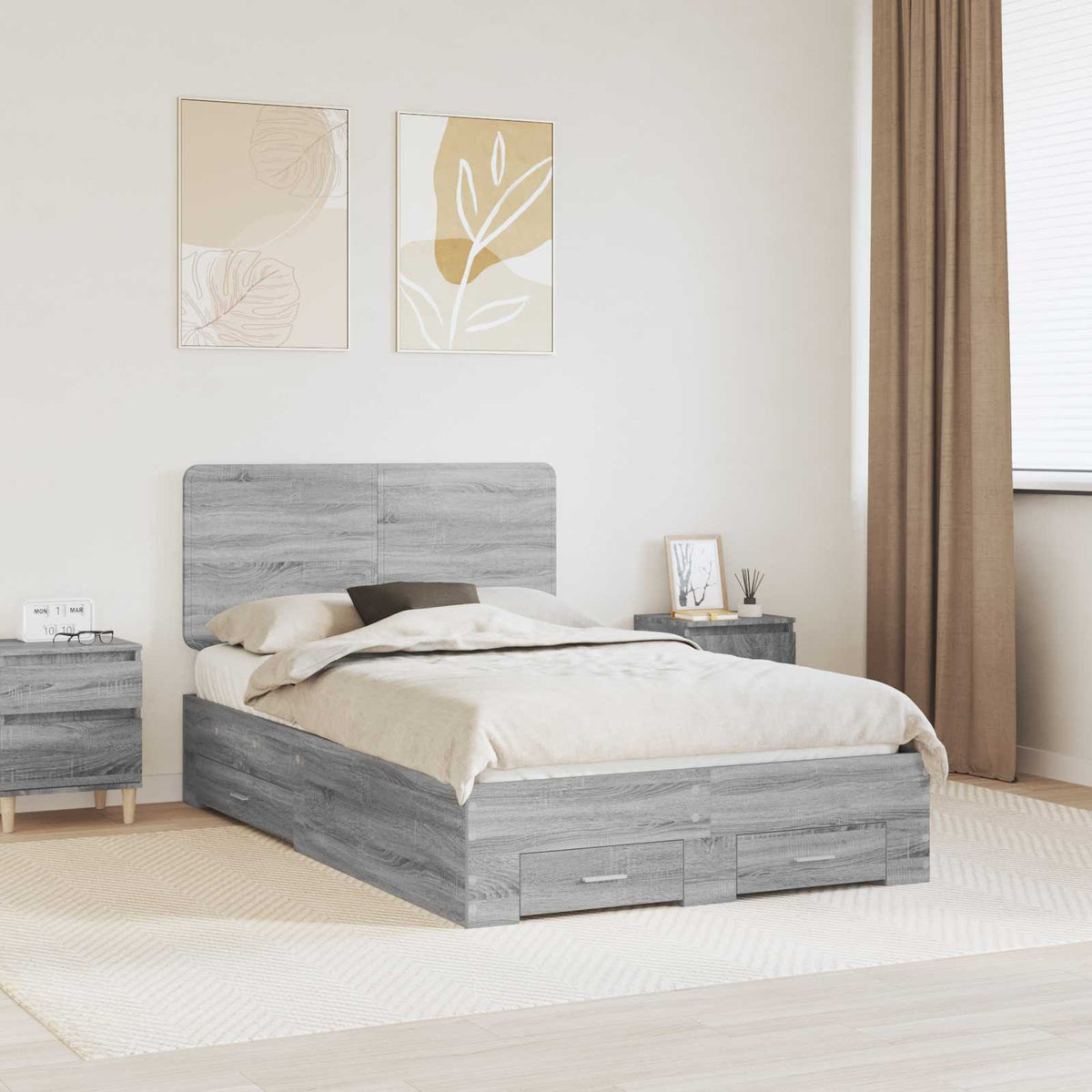 Bedframe met hoofdeinde Grijs Sonoma 135 x 190 cm Bewerkt hout is nu te koop bij PeponiXL, paradijselijk wonen!