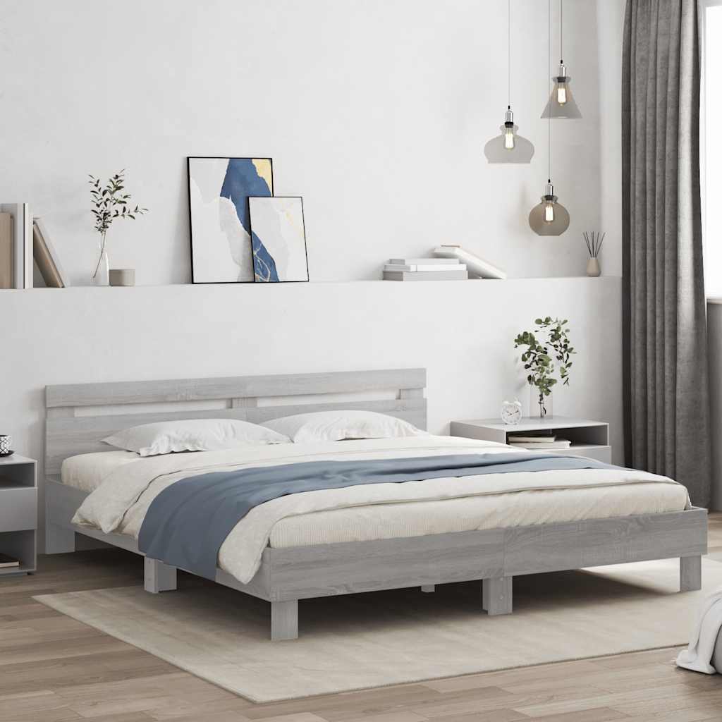 Bedframe met hoofdeinde bewerkt hout grijs sonoma 200x200 cm is nu te koop bij PeponiXL, paradijselijk wonen!