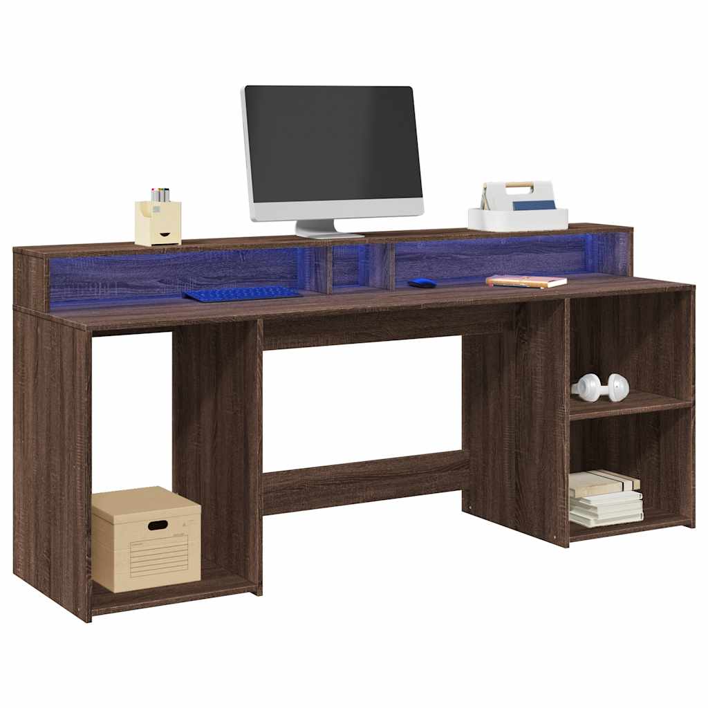 Bureau met LED-verlichting 200x55x91 cm hout bruin eikenkleurig is nu te koop bij PeponiXL, paradijselijk wonen!