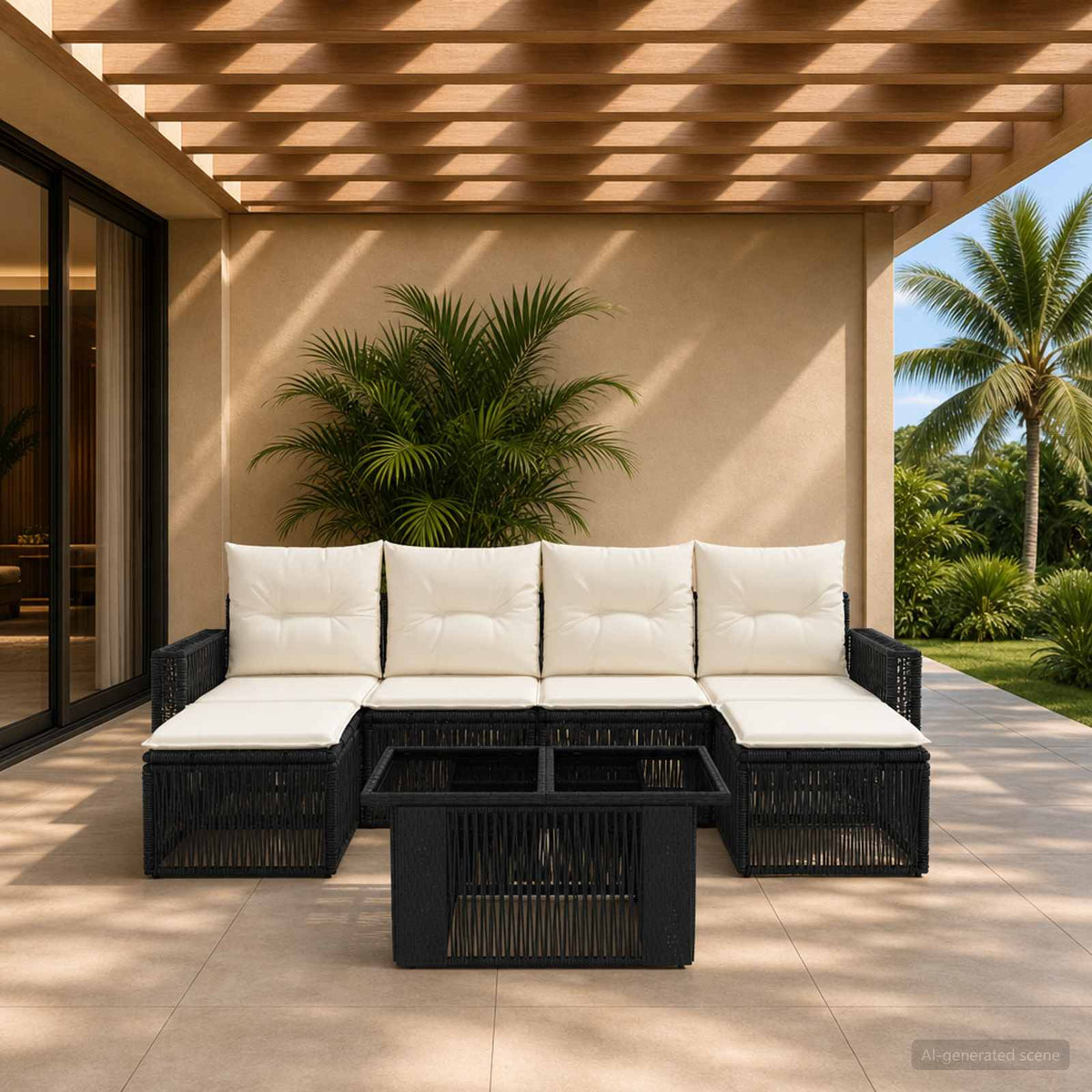 Tuinbankenset 7 st Zwart en Cream Wit poly rattan is nu te koop bij PeponiXL, paradijselijk wonen!