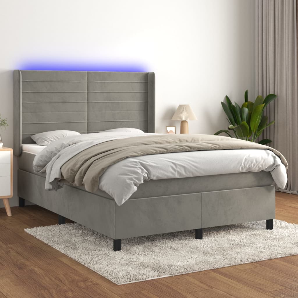 Boxspring met matras en LED fluweel lichtgrijs 140x190 cm is nu te koop bij PeponiXL, paradijselijk wonen!