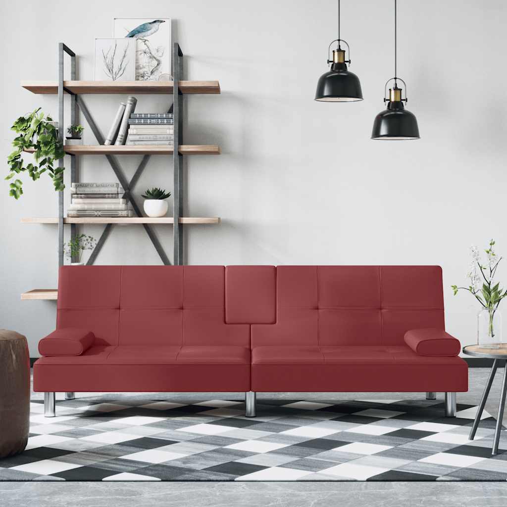 Slaapbank met bekerhouders kunstleer wijnrood is nu te koop bij PeponiXL, paradijselijk wonen!