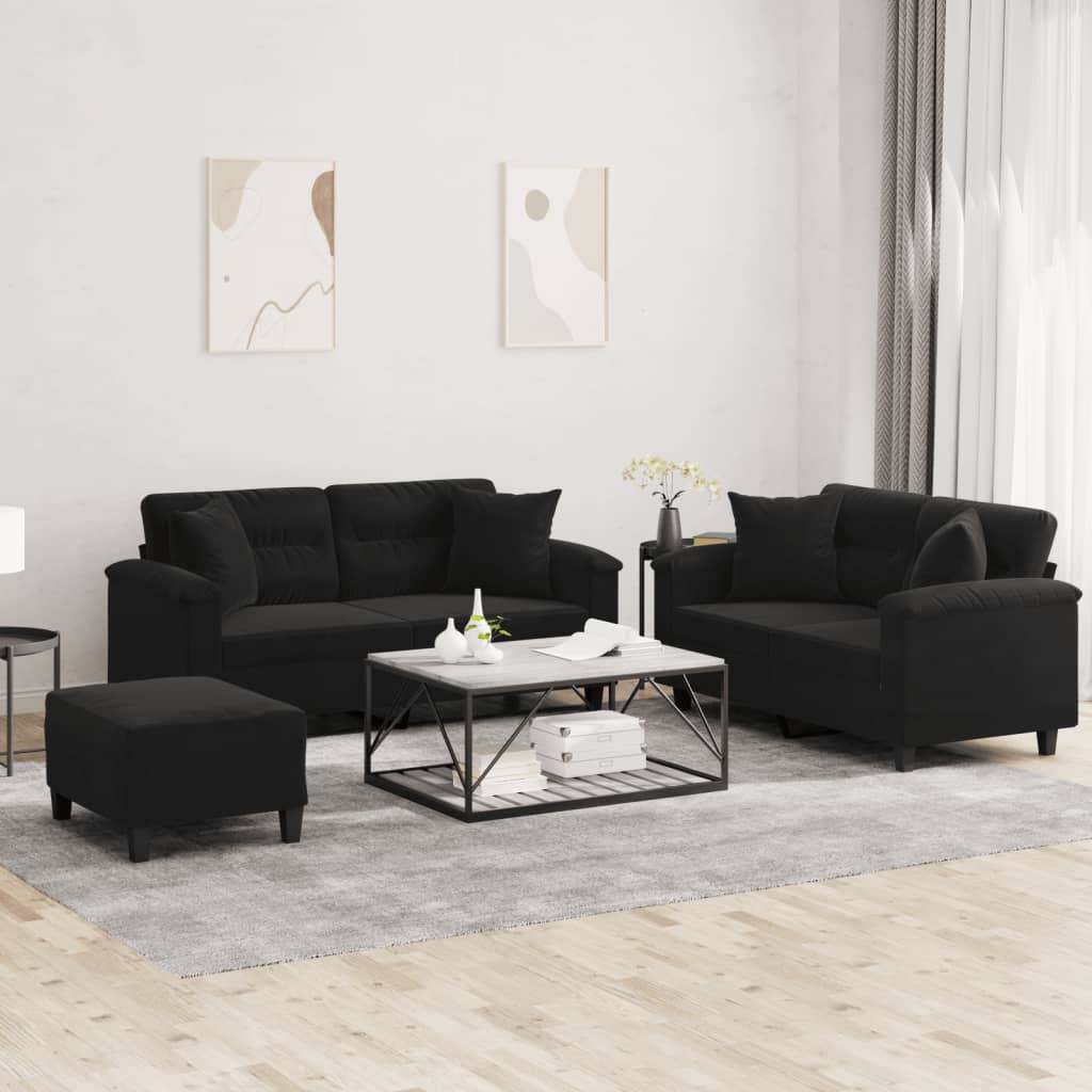 3-delige Loungeset met kussens microvezelstof zwart is nu te koop bij PeponiXL, paradijselijk wonen!