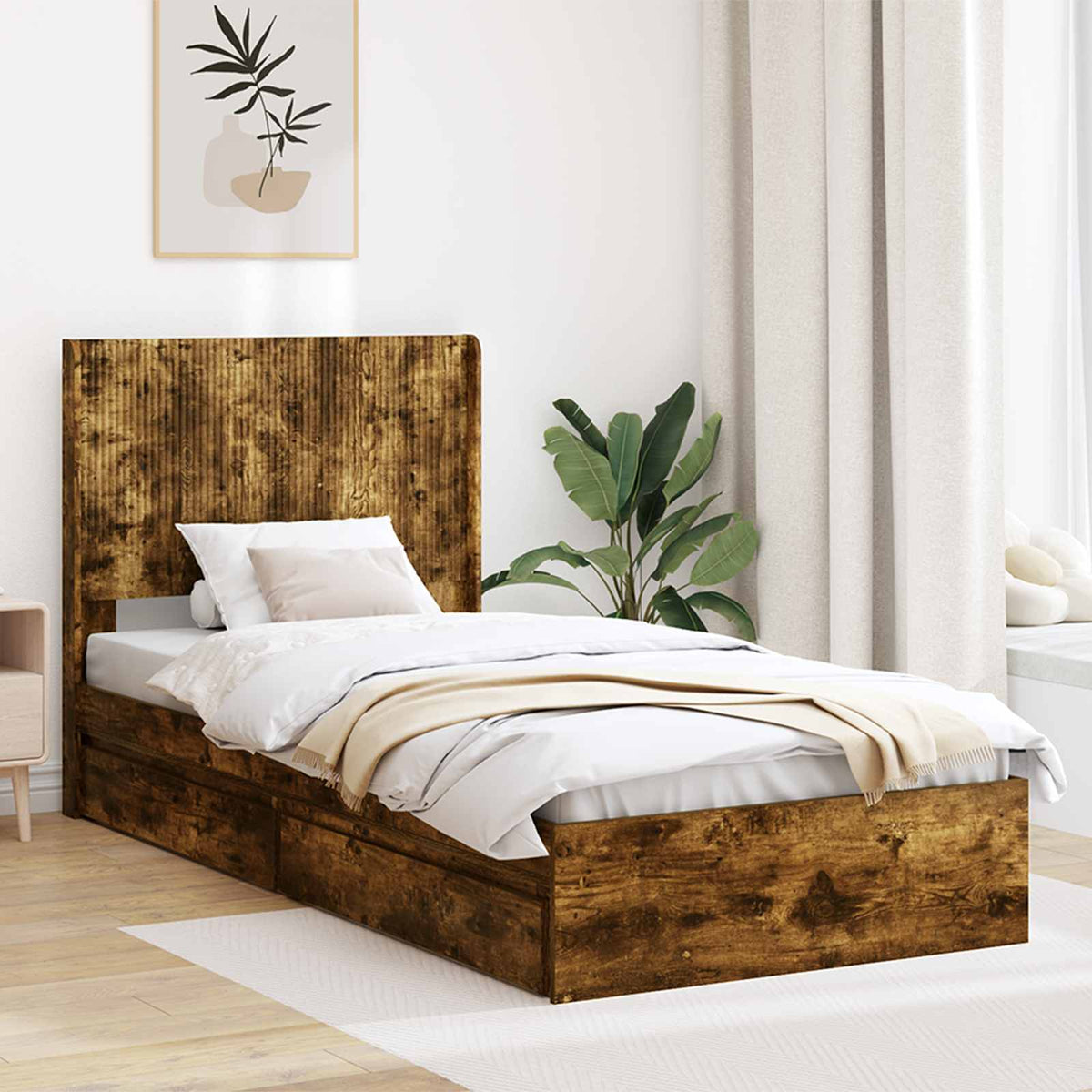 Bedframe met opbergruimte en hoofdbord Gerookt eiken is nu te koop bij PeponiXL, paradijselijk wonen!