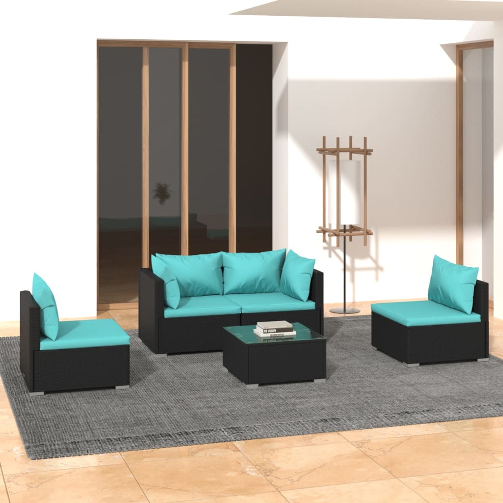 5-delige Loungeset met kussens poly rattan zwart is nu te koop bij PeponiXL, paradijselijk wonen!