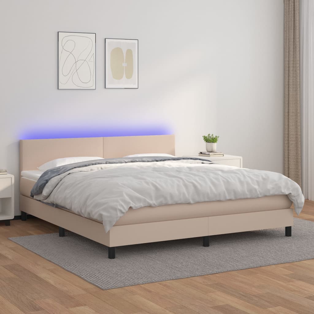 Boxspring met matras en LED kunstleer cappuccinokleur 180x200cm is nu te koop bij PeponiXL, paradijselijk wonen!