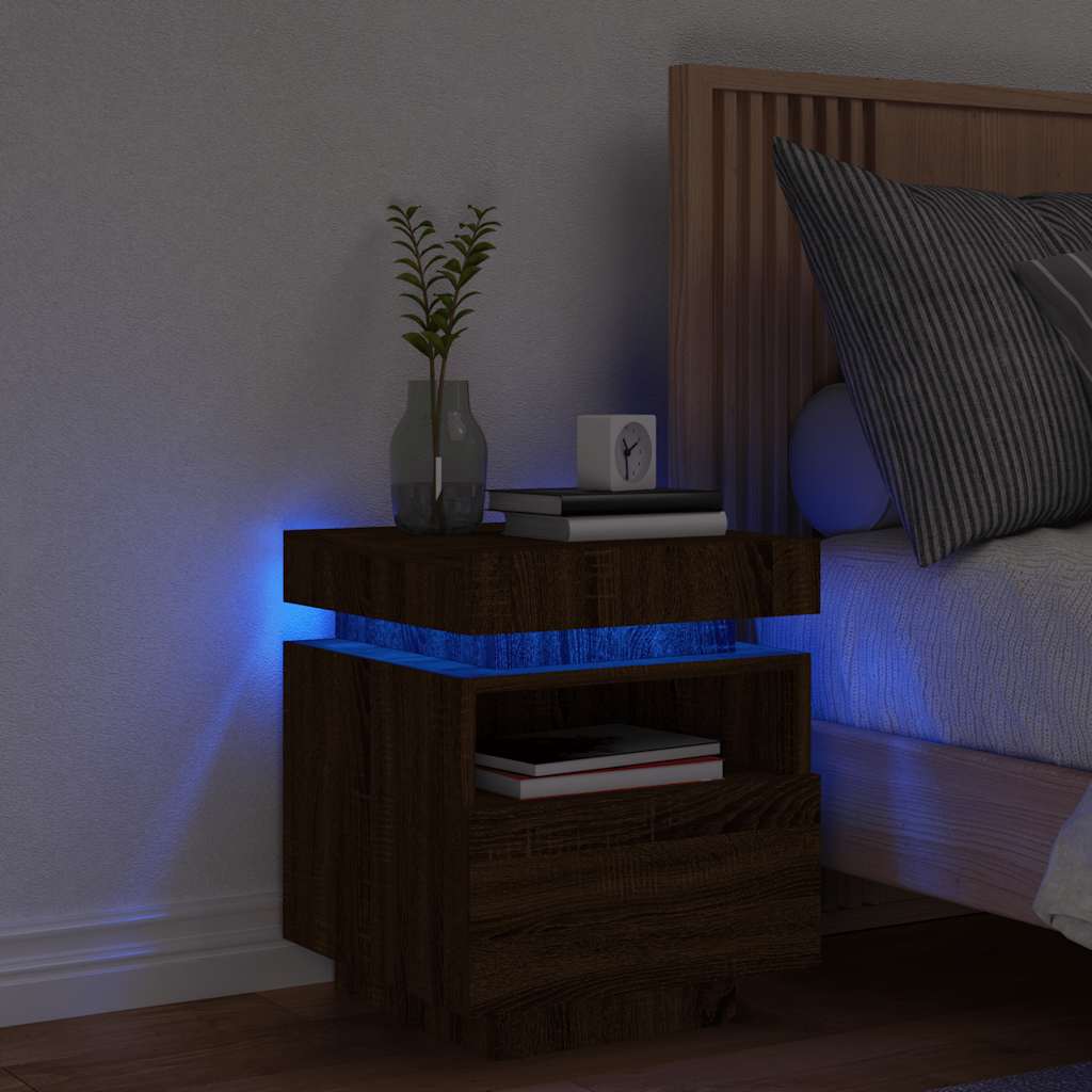 Nachtkastje met LED-verlichting 40x39x48,5 cm bruin eikenkleur is nu te koop bij PeponiXL, paradijselijk wonen!