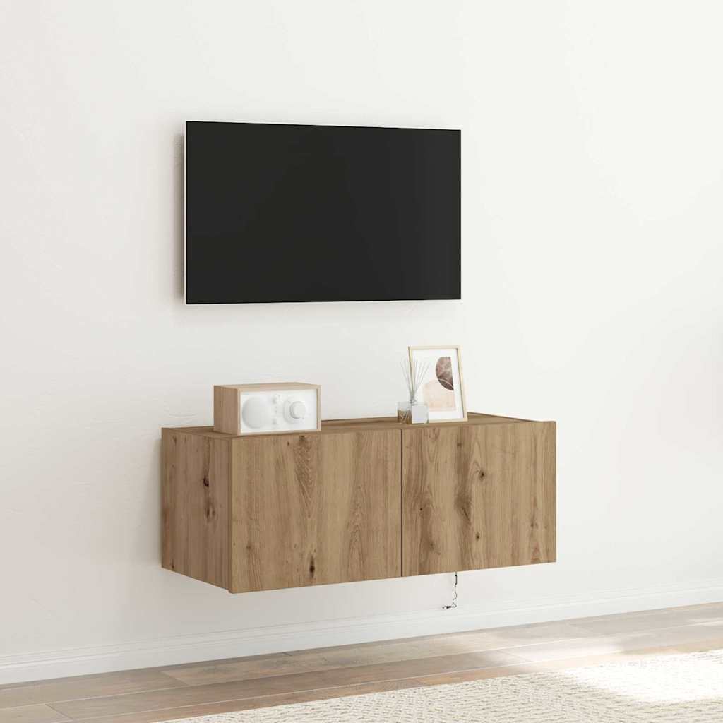 TV Wandkast met LED Artisan Eiken 80 x 35 x 31 cm Bewerkt hout is nu te koop bij PeponiXL, paradijselijk wonen!