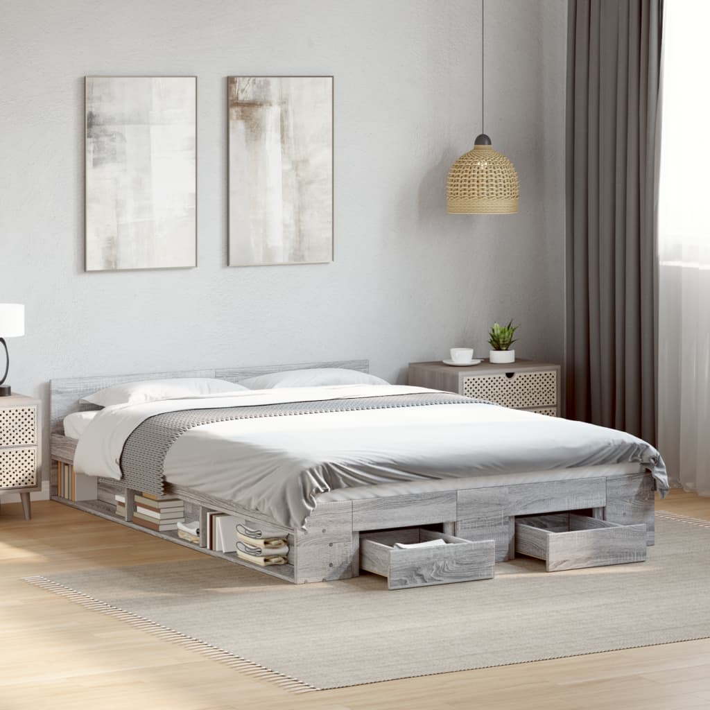 Bedframe met lades bewerkt hout grijs sonoma eiken 140x190 cm is nu te koop bij PeponiXL, paradijselijk wonen!