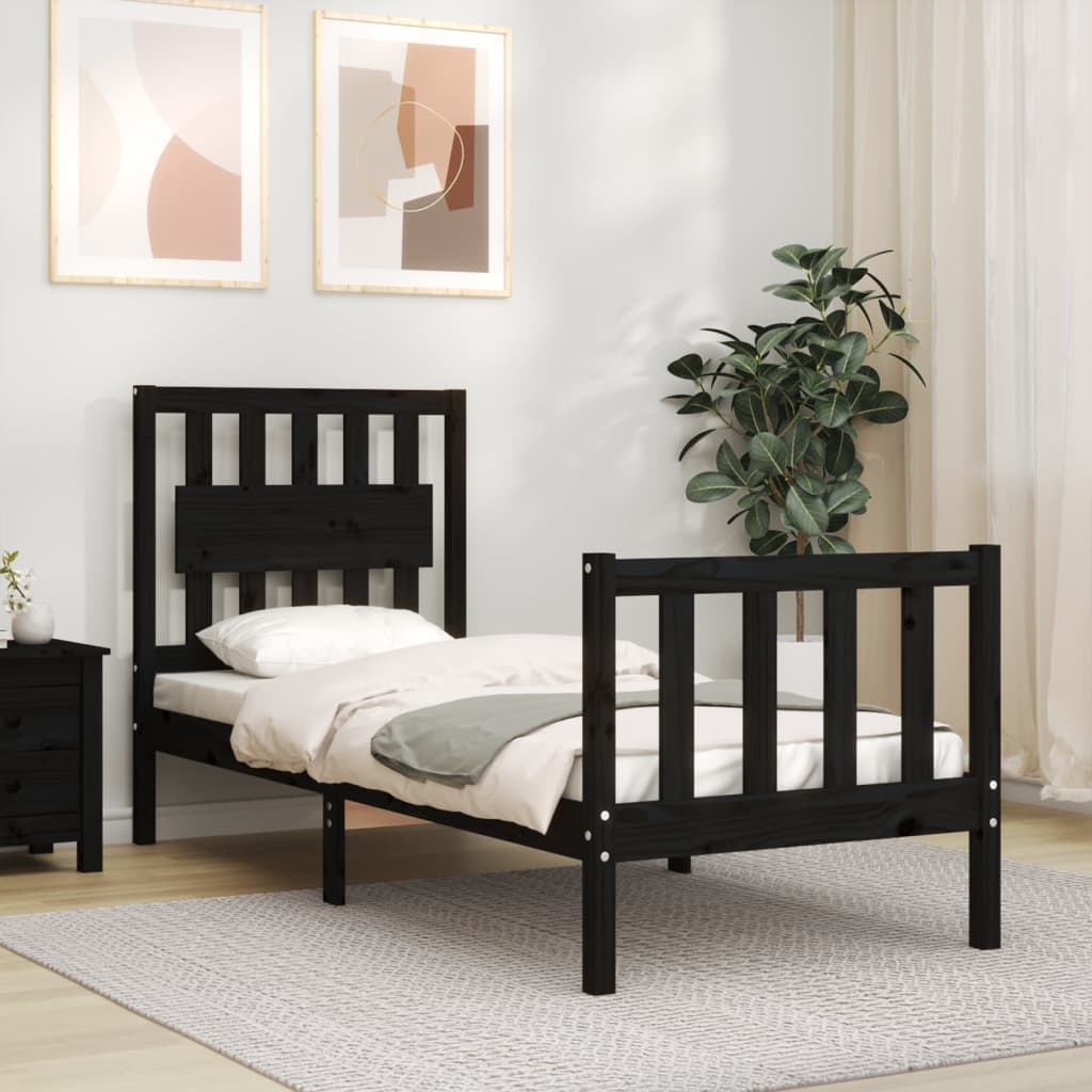 Bedframe met hoofdbord massief hout zwart is nu te koop bij PeponiXL, paradijselijk wonen!