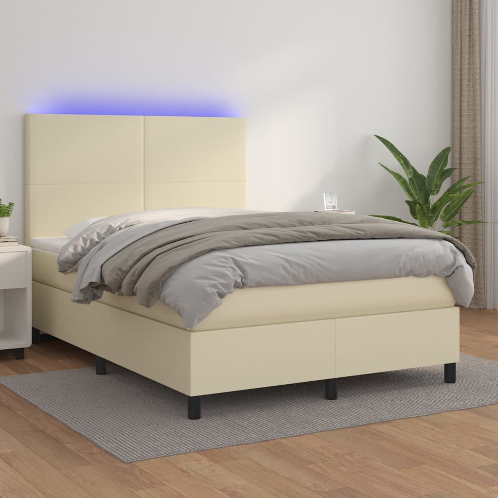 Boxspring met matras en LED kunstleer crèmekleurig 140x190 cm is nu te koop bij PeponiXL, paradijselijk wonen!