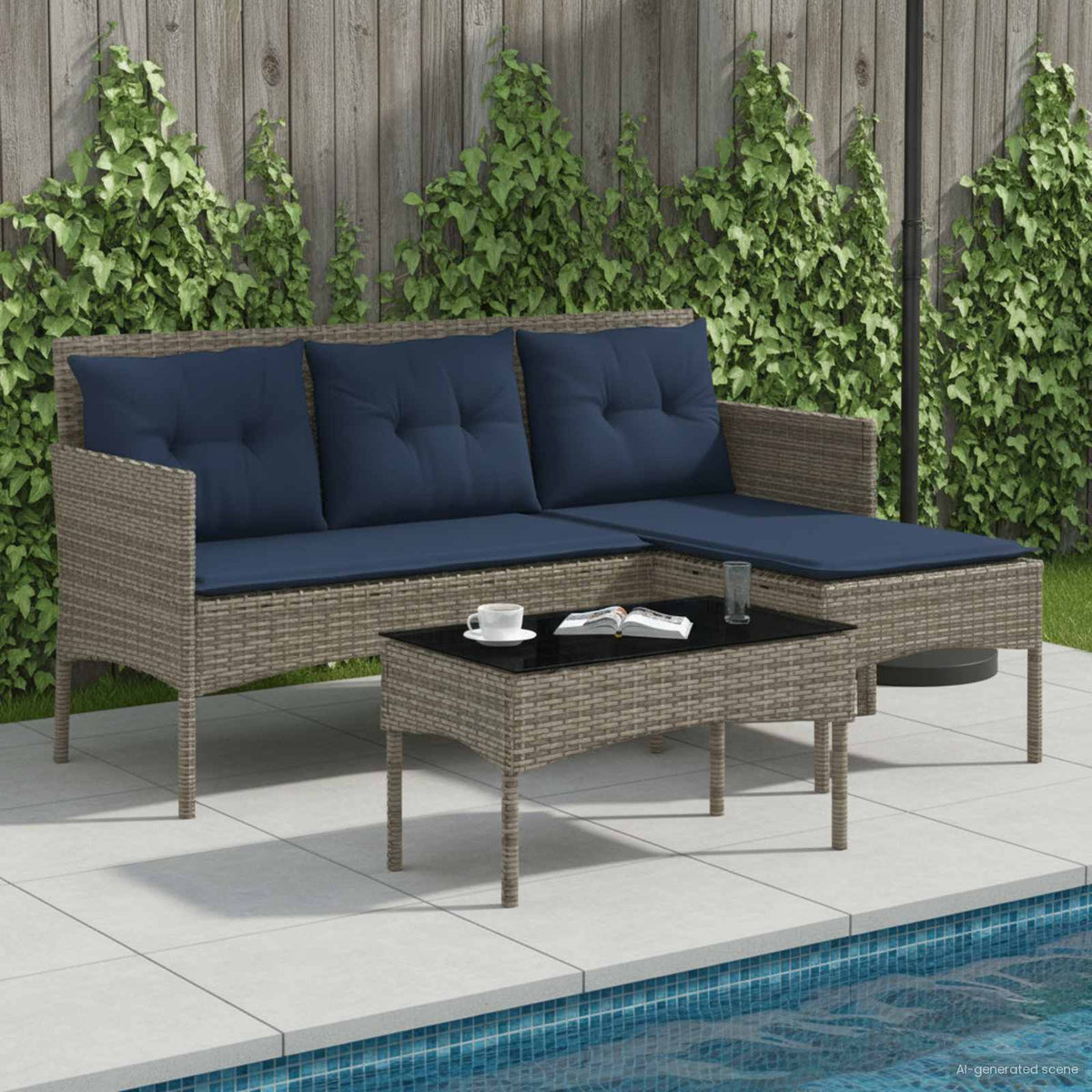 Tuinbankenset met kussen 2 pcs Grijs en Marineblauw poly rattan is nu te koop bij PeponiXL, paradijselijk wonen!