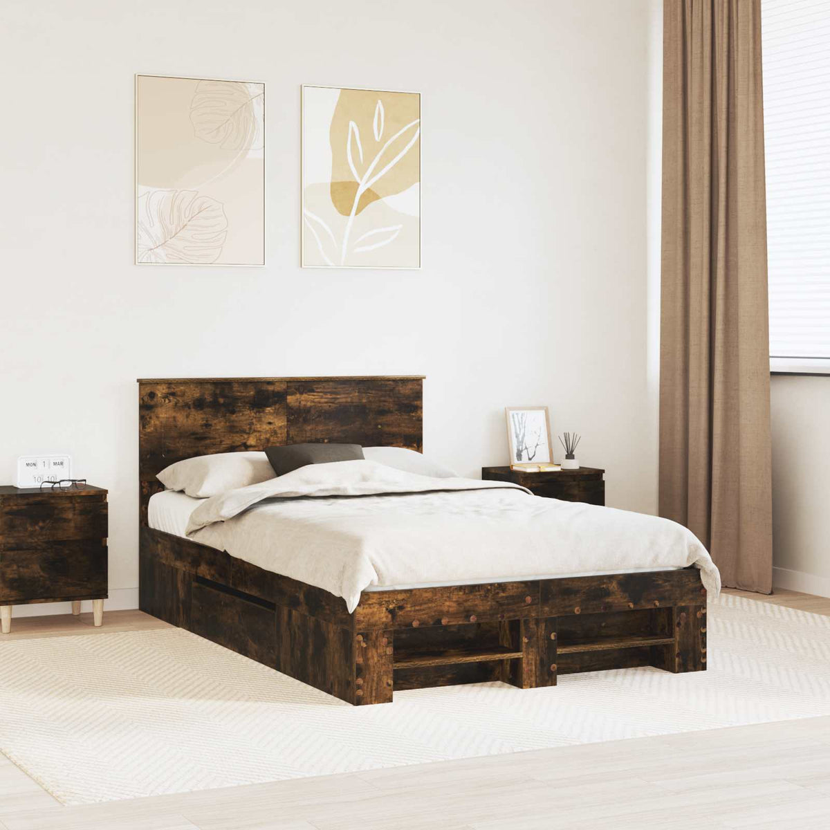 Bedframe met hoofdeinde Gerookt eiken 120 x 200 cm Bewerkt hout is nu te koop bij PeponiXL, paradijselijk wonen!