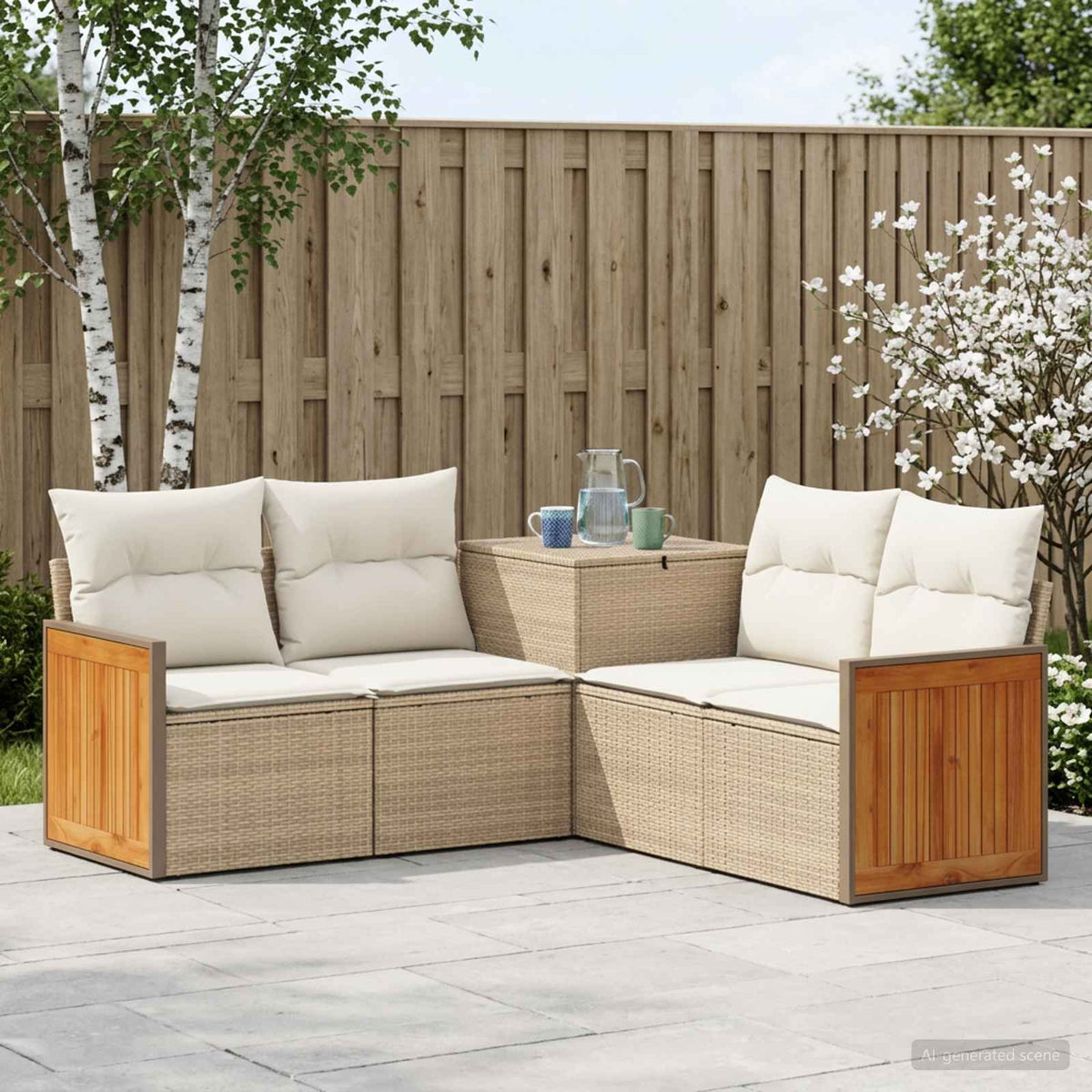 Bankstel 5 st Beige en Crème Wit Poly Rattan en Staal is nu te koop bij PeponiXL, paradijselijk wonen!