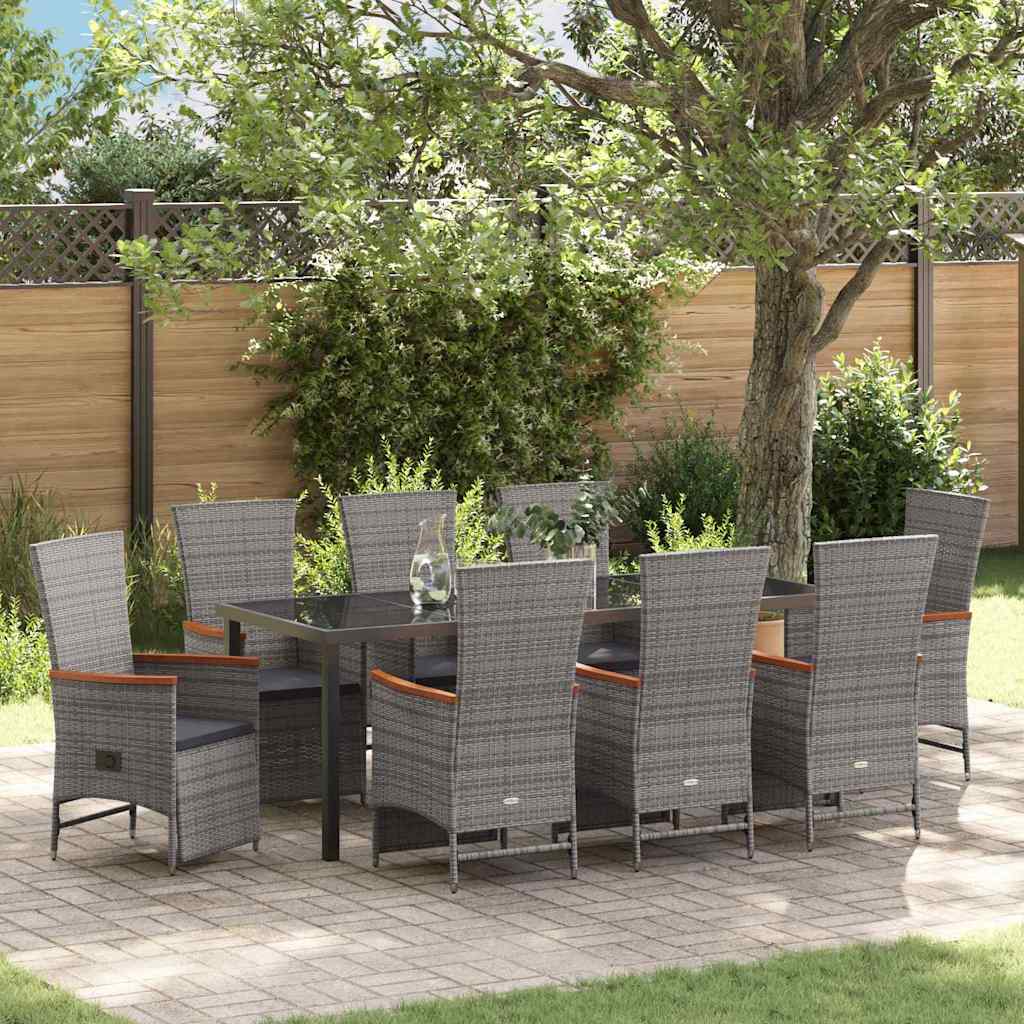 Tuin eettafelset met kussen 9 pcs Grijs poly rattan is nu te koop bij PeponiXL, paradijselijk wonen!