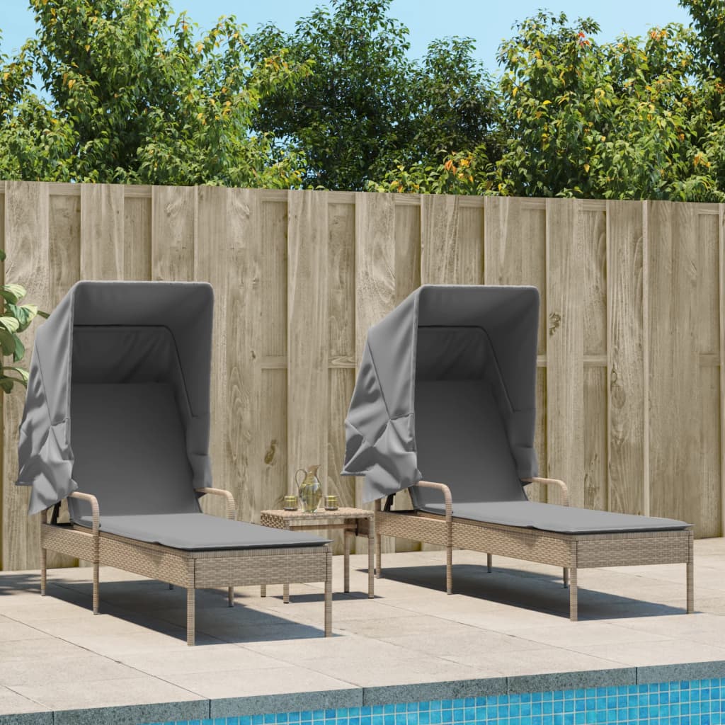 Ligbedden 2 st met luifels en tafel poly rattan beige is nu te koop bij PeponiXL, paradijselijk wonen!