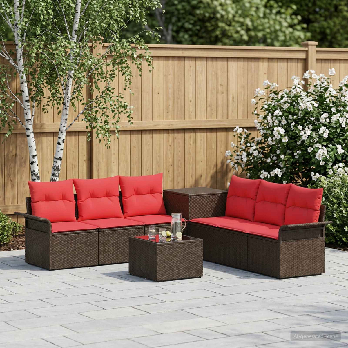 Bankstel 8 st Bruin en Rood Poly Rattan en Staal is nu te koop bij PeponiXL, paradijselijk wonen!
