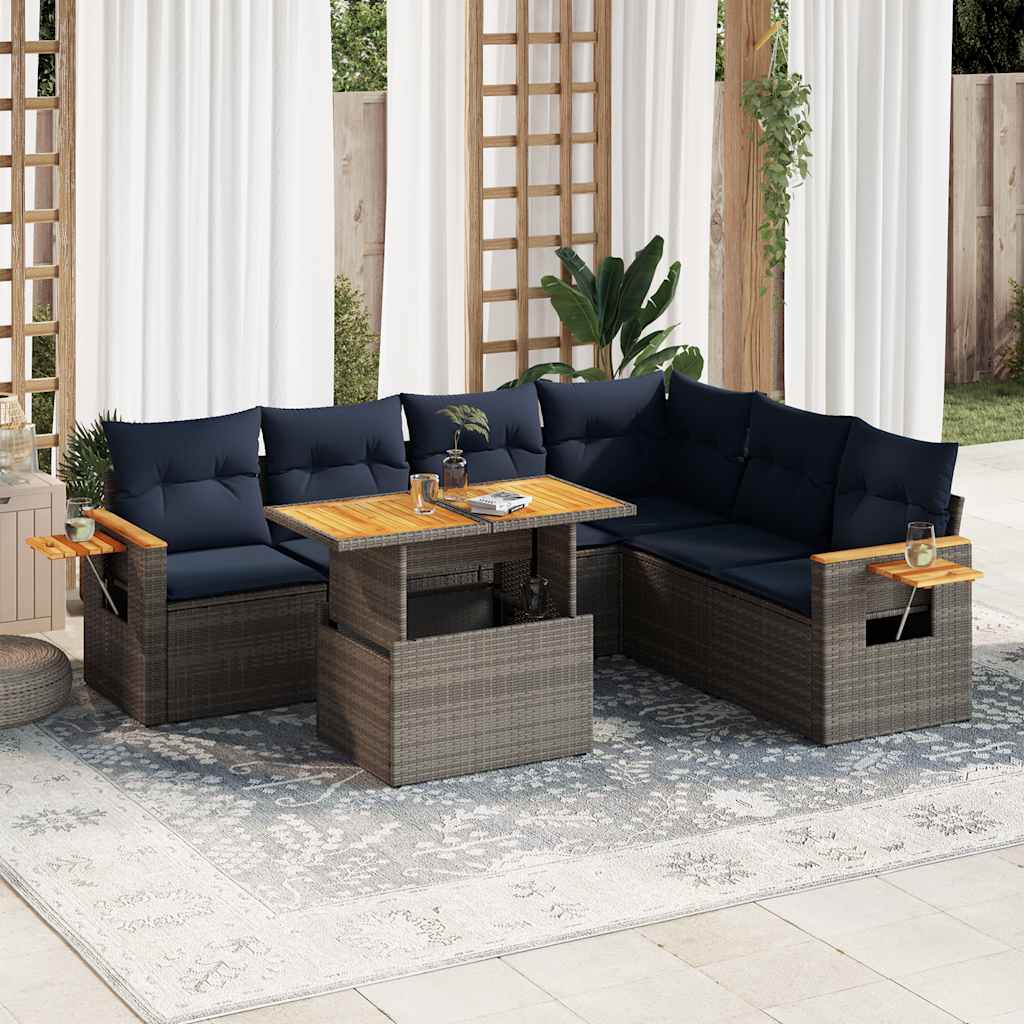 7-delige Loungeset met kussens poly rattan acacia grijs is nu te koop bij PeponiXL, paradijselijk wonen!