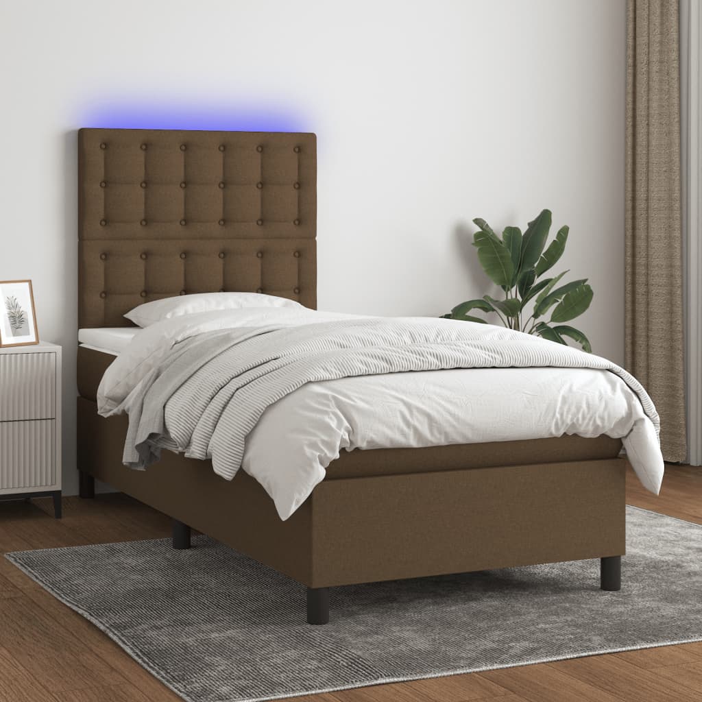 Boxspring met matras en LED stof donkerbruin 100x200 cm is nu te koop bij PeponiXL, paradijselijk wonen!