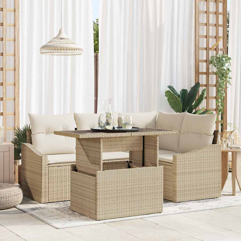 Tuin Sofa Set met kussen 5 pcs Beige en Crème poly rattan is nu te koop bij PeponiXL, paradijselijk wonen!
