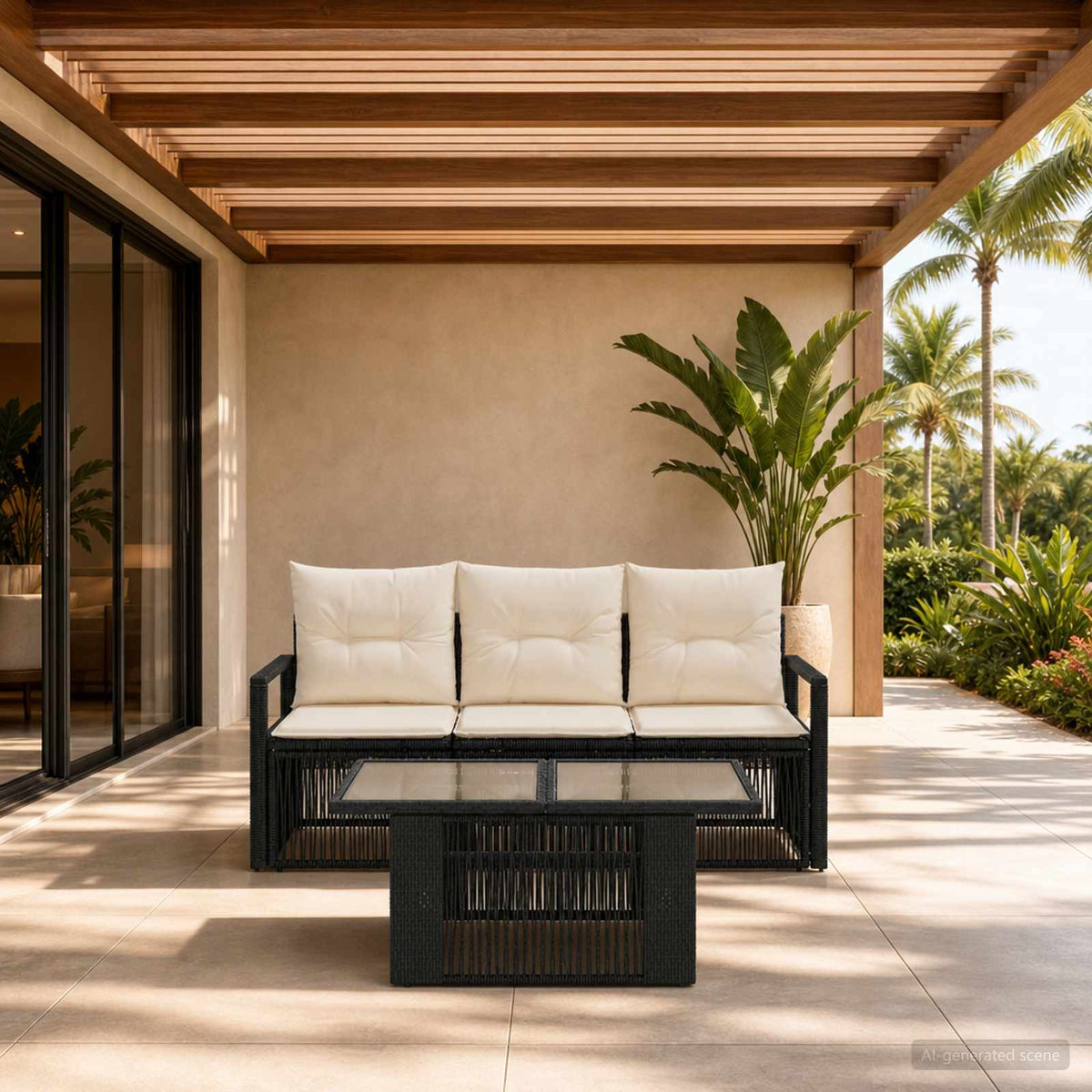 Tuinbankenset 4 st Zwart en Cream Wit poly rattan is nu te koop bij PeponiXL, paradijselijk wonen!