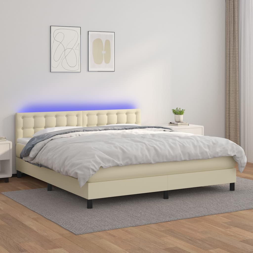 Boxspring met matras en LED kunstleer crèmekleurig 160x200 cm is nu te koop bij PeponiXL, paradijselijk wonen!