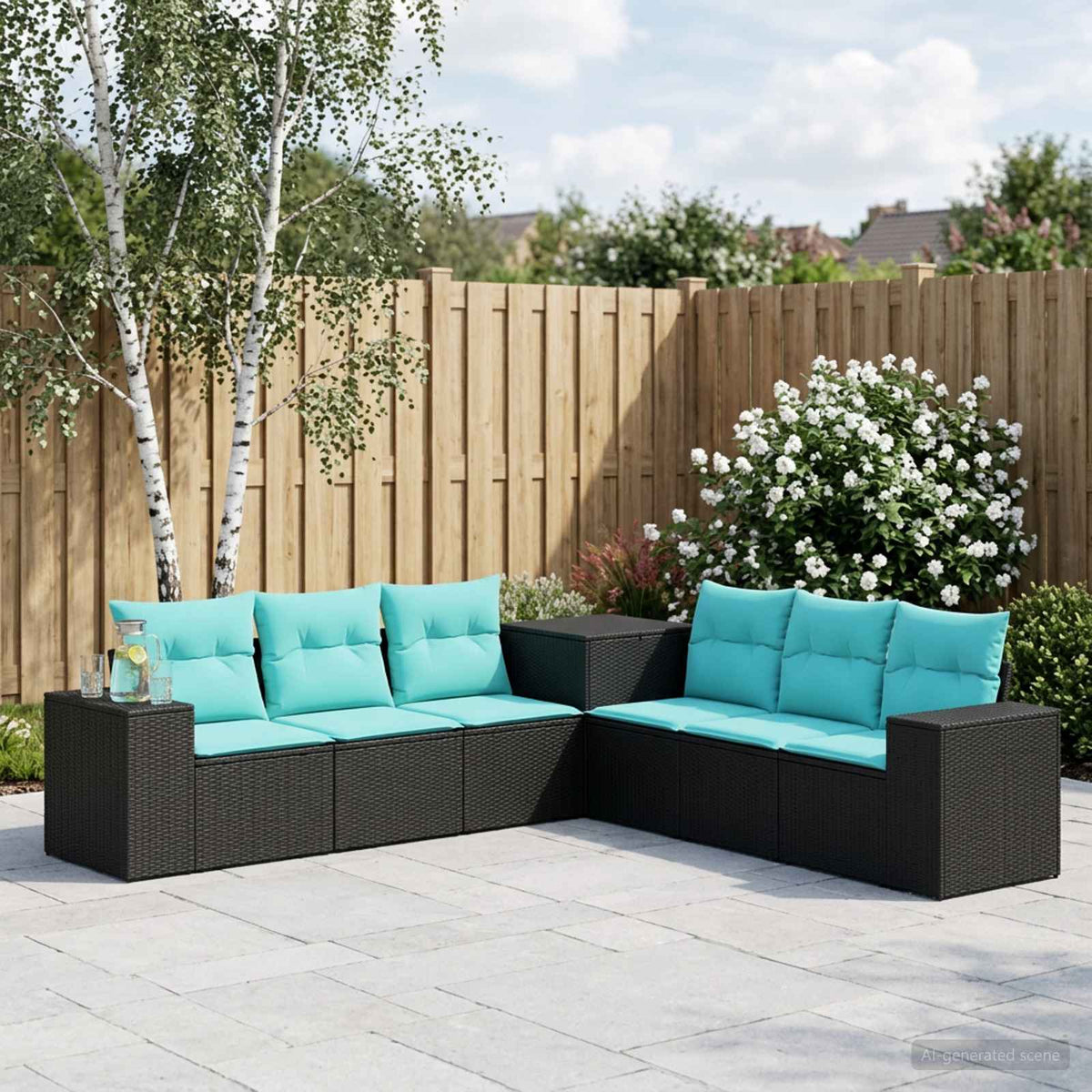 Bankstel 7 pcs Zwart en Blauw Poly Rattan en Staal is nu te koop bij PeponiXL, paradijselijk wonen!