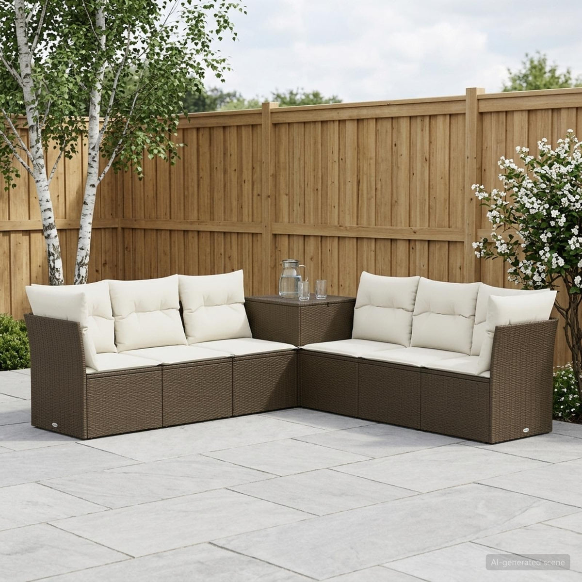Bankstel 7 pcs Bruin en Crème Wit Poly Rattan en Staal is nu te koop bij PeponiXL, paradijselijk wonen!