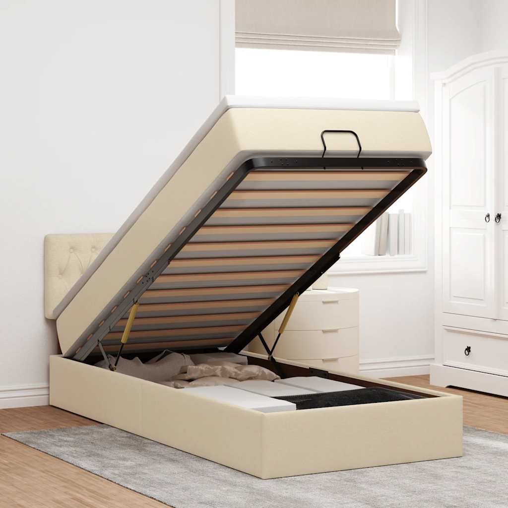 Ottoman bed met matras en LED's 90x190cm stof crèmekleurig is nu te koop bij PeponiXL, paradijselijk wonen!