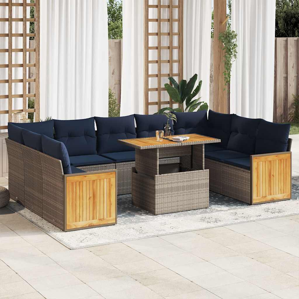 10-delige Loungeset met kussens poly rattan acacia grijs is nu te koop bij PeponiXL, paradijselijk wonen!