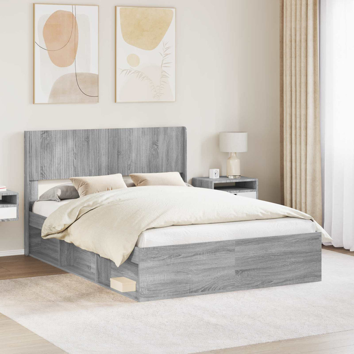 Bedframe met opbergruimte en hoofdbord Grijs Sonoma is nu te koop bij PeponiXL, paradijselijk wonen!