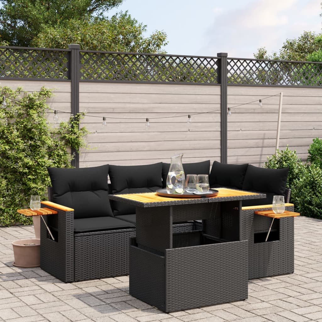 5-delige Loungeset met kussens poly rattan zwart is nu te koop bij PeponiXL, paradijselijk wonen!