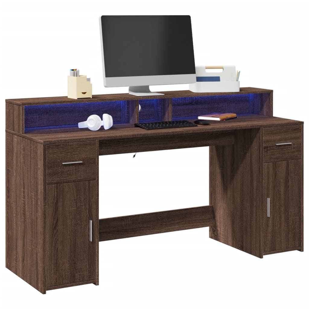 Bureau met LED-verlichting 160x55x91 cm hout bruin eikenkleurig is nu te koop bij PeponiXL, paradijselijk wonen!