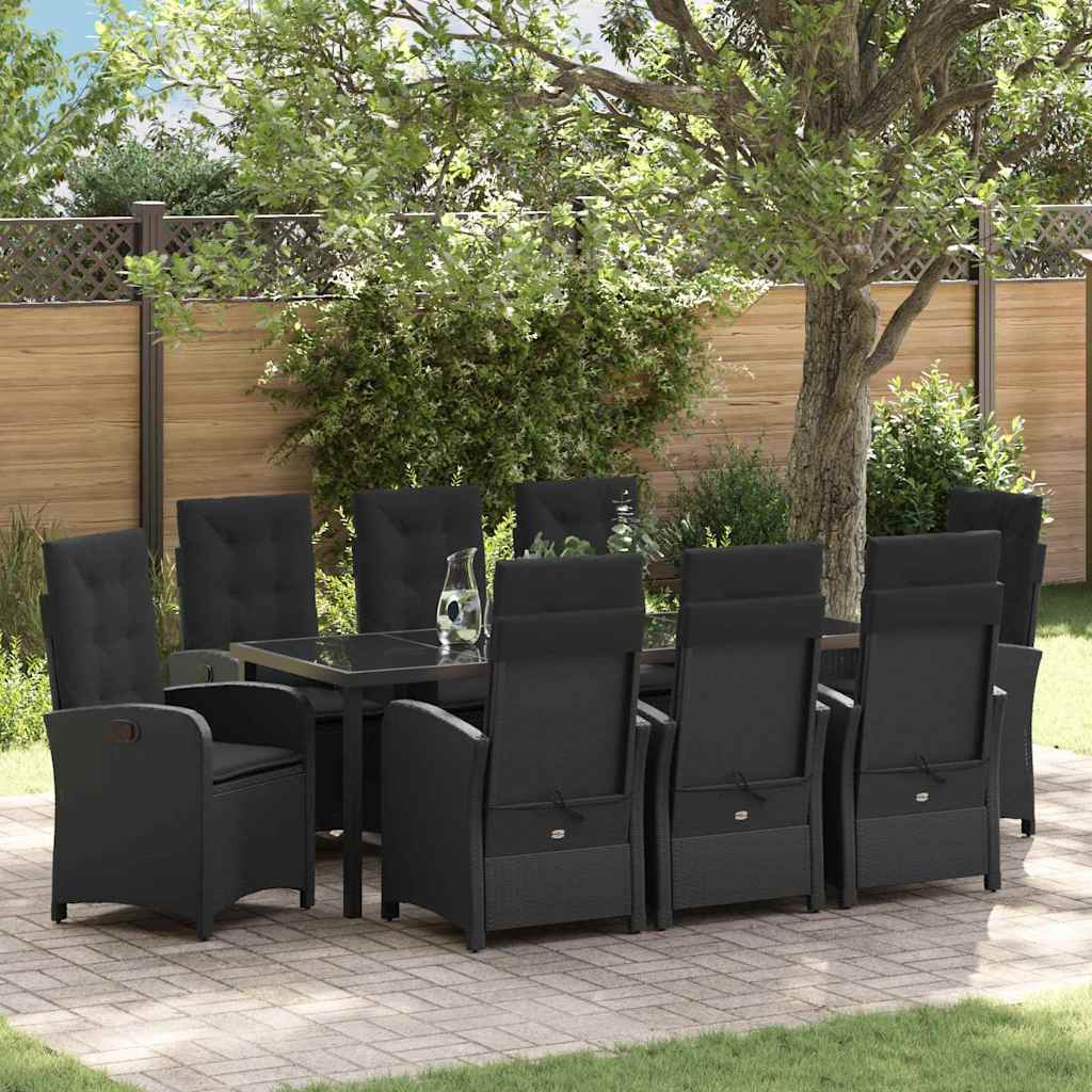 Tuin eettafelset met kussen 9 pcs Zwart poly rattan is nu te koop bij PeponiXL, paradijselijk wonen!
