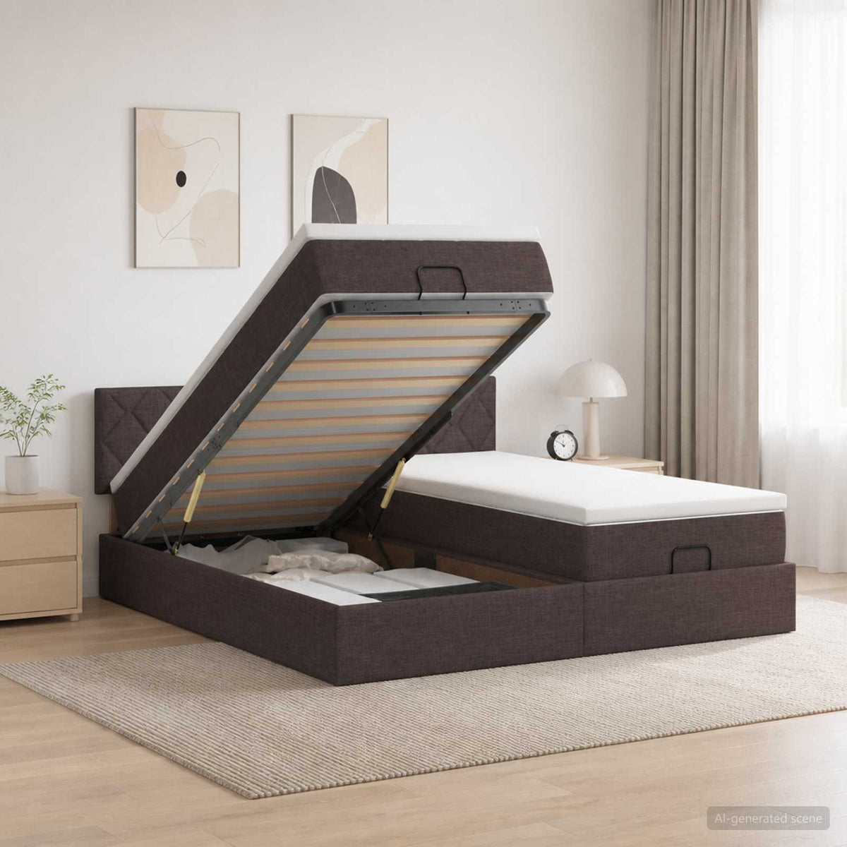 Ottoman bed met matras met hoofdeinde 2 st Donkerbruin Stof is nu te koop bij PeponiXL, paradijselijk wonen!