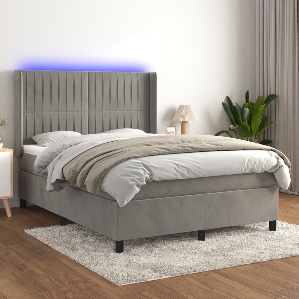 Boxspring met matras en LED fluweel lichtgrijs 140x200 cm is nu te koop bij PeponiXL, paradijselijk wonen!