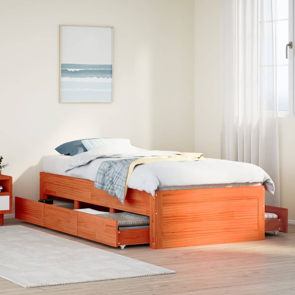 Bedframe zonder matras met lades grenenhout wasbruin 90x200 cm is nu te koop bij PeponiXL, paradijselijk wonen!
